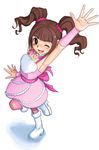  arm_up bow brown_eyes brown_hair cute_&amp;_girly_(idolmaster) idolmaster idolmaster_(classic) idolmaster_1 one_eye_closed open_mouth pantyhose pink_bow snow_strawberry_(idolmaster) solo takatsuki_yayoi twintails youkai_ankake 