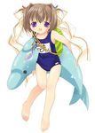  barefoot binzume_yousei crayon dolphin feet jpeg_artifacts name_tag one-piece_swimsuit purple_eyes school_swimsuit solo swimsuit tamachan tokumi_yuiko 