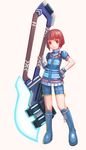  animal_ears axe bangs bike_shorts blunt_bangs bob_cut boots brown_hair denjuu energy_blade energy_weapon fingerless_gloves gloves hand_on_hip huge_weapon knee_boots light_smile looking_at_viewer petite phantasy_star phantasy_star_universe pleated_skirt puffy_sleeves red_eyes short_hair short_sleeves simple_background skirt solo standing weapon white_background 