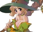  bare_shoulders breasts cleavage collarbone detached_sleeves dress fantasy_earth_zero green_dress hat holding large_breasts leaf long_sleeves looking_at_viewer rod simple_background solo staff strapless strapless_dress white_background witch_hat yoshihara_maito 