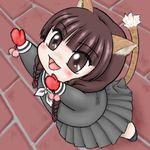  :d animal_ears artist_request bangs black_legwear blunt_bangs blush braid cat_ears cat_tail eyebrows_visible_through_hair full_body grey_skirt hair_over_shoulder hair_ribbon kneehighs long_hair long_sleeves looking_up lowres maria-sama_ga_miteru mittens neckerchief open_mouth pleated_skirt pom_pom_(clothes) red_ribbon ribbon school_uniform shimazu_yoshino skirt smile solo standing tail twin_braids white_neckwear 