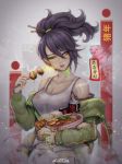  1girl absurdres akali alternate_costume bare_shoulders black_hair bowl breasts chopsticks cleavage cola collarbone dango dripping dumpling eating egg eyeshadow floating food hair_between_eyes highres holding holding_bowl holding_food league_of_legends liya_nikorov makeup meat neon_trim noodles pig ramen red_lips scroll signature skewer smoke soda_bottle soup spill spilling steam tied_hair wagashi yellow_eyes 