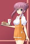  anna_miller chikage_(sister_princess) cup food french_fries hamburger high-waist_skirt masakichi_(crossroad) mug orange_skirt purple_hair sister_princess skirt solo tray waitress 