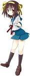  blue_sailor_collar blue_skirt brown_hair kita_high_school_uniform long_sleeves pointing sailor_collar school_uniform serafuku short_hair skirt solo suzumiya_haruhi suzumiya_haruhi_no_yuuutsu yakisake 