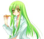  bangs c.c. cheese_trail code_geass food green_hair holding_pizza long_hair lowres pizza slice_of_pizza solo suzushiro_kurumi 