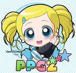  artist_request black_gloves blonde_hair blue_background blue_eyes chibi copyright_name earrings face gloves goutokuji_miyako hair_ornament hairclip jewelry lowres palms_together powerpuff_girls_z rolling_bubbles short_hair simple_background solo upper_body 