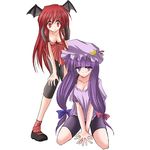  bike_shorts danshaku demon_girl head_wings koakuma lowres multiple_girls patchouli_knowledge purple_eyes purple_hair red_eyes red_hair touhou wings 