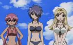  anise_azeat bikini blonde_hair blue_eyes blue_hair day galaxy_angel galaxy_angel_rune grey_eyes kahlua_marjoram lily_c_sherbet multiple_girls red_hair screencap swimsuit tiara 