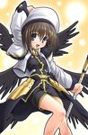  black_wings blue_eyes brown_hair hair_ornament hat lyrical_nanoha magical_girl mahou_shoujo_lyrical_nanoha mahou_shoujo_lyrical_nanoha_a's noritama_(gozen) schwertkreuz solo staff waist_cape wings x_hair_ornament yagami_hayate 