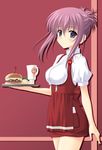  anna_miller chikage_(sister_princess) cup food french_fries hamburger masakichi_(crossroad) mug purple_hair red_skirt sister_princess skirt solo tray waitress 