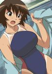  azumanga_daiou blush breasts brown_eyes brown_hair cirima collarbone competition_swimsuit dutch_angle head_tilt kagura_(azumanga_daiou) large_breasts one-piece_swimsuit one-piece_tan open_mouth pool poolside short_hair solo swimsuit tan tanline towel wet 