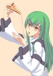  bangs bodysuit c.c. cheese cheese_trail code_geass food green_hair holding_pizza long_hair open_mouth pizza simple_background slice_of_pizza solo towamin white_bodysuit 