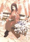 bag book brown_eyes brown_hair cherry_blossoms hakama japanese_clothes long_hair lowres original reading sitting solo takeshima_satoshi 
