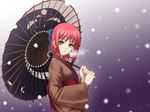  40010prototype bow breath brown_eyes hair_bow hands japanese_clothes kimono kohaku oriental_umbrella red_hair short_hair snowing solo tsukihime umbrella 