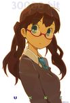  brown_hair cardigan face glasses long_hair looking_at_viewer necktie original raised_eyebrows school_uniform solo sweater twintails ukke 