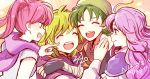  4girls bandanna black_gloves closed_mouth dated eyes_closed fingerless_gloves fire_emblem fire_emblem:_rekka_no_ken florina from_side gloves green_eyes green_hair hairband hoshigaki_(hsa16g) long_hair long_sleeves multiple_girls nino_(fire_emblem) nintendo open_mouth pink_hair purple_hair rebecca_(fire_emblem) serra short_hair smile twintails 