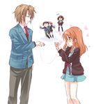  3girls :d asahina_mikuru brown_hair cardigan chibi flower_(symbol) harmonia kita_high_school_uniform koizumi_itsuki kyon long_hair multiple_boys multiple_girls nagato_yuki open_mouth red_string school_uniform serafuku short_hair smile string suzumiya_haruhi suzumiya_haruhi_no_yuuutsu 