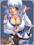  belt blue_hair breasts cleavage elf ikeda_yasuhiro large_breasts lowres mugen_no_fantasia one_eye_closed pointy_ears red_eyes solo tongue weapon 