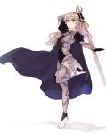  1girl arm_up armor barefoot black_gloves black_hairband cape female_my_unit_(fire_emblem_if) fire_emblem fire_emblem_if full_body gloves hairband holding holding_sword holding_weapon leg_up long_hair miyazakit my_unit_(fire_emblem_if) nintendo parted_lips red_eyes simple_background solo sword weapon white_background white_hair 