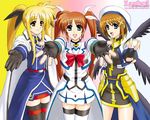  blonde_hair cape fate_testarossa fingerless_gloves gloves hair_ornament hat lyrical_nanoha magical_girl mahou_shoujo_lyrical_nanoha_strikers multiple_girls outstretched_arms shirogane_kihen takamachi_nanoha thighhighs twintails v waist_cape wings x_hair_ornament yagami_hayate 