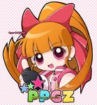  :d akazutsumi_momoko artist_request bare_shoulders black_gloves bow fingerless_gloves gloves hair_bow hyper_blossom long_hair looking_at_viewer open_mouth orange_hair ponytail portrait powerpuff_girls_z red_bow red_eyes sleeveless smile solo thumbs_up upper_body vest 