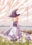  akakage_red blonde_hair broom field flower flower_field hat kirisame_marisa solo touhou witch_hat 