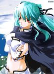  blue_hair breasts cape covered_nipples crossed_arms dated elbow_gloves fingerless_gloves gloves hair_ribbon large_breasts long_hair midriff noto_(soranoto) original red_eyes ribbon smirk solo tight 