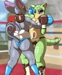  2019 anthro anthrofied black_eye blood blurred_background boots boxing boxing_gloves breast_squish breasts bruised butt clothed clothing dcheese digital_media_(artwork) duo female female/female fight fighting_ring footwear fur green_skin hug looking_at_another mammal nintendo outside panties pok&eacute;mon pok&eacute;mon_(species) pok&eacute;morph purugly rear_view sandshrew shiny_pok&eacute;mon sport sweat topless underwear video_games 