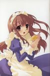  apron asahina_mikuru brown_eyes brown_hair food fruit highres holding holding_food holding_fruit itou_noiji lemon maid maid_headdress solo suzumiya_haruhi_no_yuuutsu 