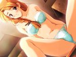  blush bra braid dousoukai_again game_cg hair_over_shoulder lingerie long_hair mizutani_tooru orange_hair panties purple_eyes side-tie_panties single_braid solo spread_legs underwear underwear_only 