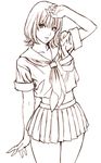  arm_up crop_top fingernails greyscale lineart long_fingernails midriff monochrome open_mouth original pleated_skirt school_uniform sera-chan serafuku short_hair skirt solo standing yamashita_shun'ya 