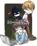 apple artist_request bags_under_eyes barefoot brown_hair chibi computer copyright_name dated death_note food fruit grin l_(death_note) laptop looking_back male_focus multiple_boys necktie ryuk sitting smile yagami_light 