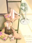  arms_up barefoot breasts breasts_apart brown_hair closed_eyes copyright_request electric_fan floral_print indoors japanese_clothes kimono knee_up large_breasts lying maachin no_bra on_back on_floor open_clothes open_kimono open_mouth solo tatami yellow_kimono yukata zanshomimai 