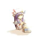  bloom book cup long_hair open_mouth patchouli_knowledge purple_eyes purple_hair simple_background solo sorano_eika teacup touhou white_background 