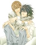  artist_request bags_under_eyes death_note hug hug_from_behind l_(death_note) male_focus multiple_boys yagami_light 