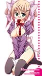  blush breasts cleavage copyright_request glasses green_eyes hair_ornament hair_ribbon hairclip happy_valentine medium_breasts mouth_hold open_clothes open_shirt panties ribbon sasahiro shirt solo striped striped_panties thighhighs underwear valentine 