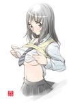  breasts copyright_request medium_breasts school_uniform solo sonobe_kazuaki sweater sweater_vest underboob undressing vest 