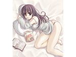  barefoot bed book bookmark bottomless camisole chips copyright_request detached_sleeves food frilled_pillow frills highres lying mouth_hold on_side pillow pillow_hug potato_chips purple_hair solo wallpaper xration 