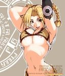  :d abs animal_print areola_slip areolae armpits arms_behind_head arms_up bikini_top blonde_hair braid breasts brown_eyes cleavage copyright_name cover doujinshi elbow_gloves gloves grey_background hunewearl kamitsuki_manmaru large_breasts long_hair looking_at_viewer magic_circle navel navel_piercing no_panties open_mouth phantasy_star phantasy_star_online piercing short_twintails simple_background single_elbow_glove single_glove sleeveless smile source_request text_focus tiger_print twin_braids twintails underboob watermark 