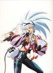  90s absurdres artist_request blue_hair cabbit green_hair highres microphone ryou-ouki ryouko_(tenchi_muyou!) spiked_hair tenchi_muyou! yellow_eyes 