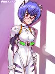  artist_name ayanami_rei ayanami_rei_(cosplay) bangs bodysuit bracer breasts cosplay cowboy_shot dated glasses gloves hair_between_eyes hair_ornament hand_on_hip lens_flare look-alike looking_to_the_side neon_genesis_evangelion number pilot_suit plugsuit purple_background semi-rimless_eyewear shadow sketch small_breasts solo tabitha thigh_gap trait_connection turtleneck under-rim_eyewear white_bodysuit zero_hime zero_no_tsukaima 