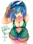  blue_hair breasts cleavage copyright_request gloves goggles large_breasts leaning_forward midriff navel panties sakaki_(noi-gren) short_hair shorts simple_background solo unbuttoned underwear 