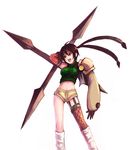  antenna_hair arm_up armor brown_eyes brown_hair final_fantasy final_fantasy_vii fishnets headband huge_weapon kara_(color) midriff ninja ninja_(final_fantasy) open_mouth short_hair short_shorts shorts shuriken sleeveless sleeveless_turtleneck smile socks solo thighhighs turtleneck weapon yuffie_kisaragi 