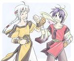  ^_^ antenna_hair bandana belt blush braid clenched_hand closed_eyes collarbone cowboy_shot freyjadour_falenas gensou_suikoden gensou_suikoden_i gensou_suikoden_v hand_on_hip long_hair multiple_boys nekotani purple_eyes purple_hair silver_hair single_braid smile standing tir_mcdohl tunic upper_body 