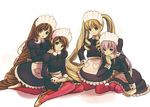  apron blonde_hair brown_hair drill_hair frills headdress heterochromia lavender_hair long_hair maid multiple_girls pantyhose rozen_maiden shinku short_hair siblings sisters souseiseki suigintou suiseiseki twins twintails very_long_hair yugume 