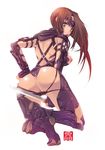  armor ass breasts brown_hair dagger large_breasts nipples original red_eyes solo sonobe_kazuaki tantou weapon 
