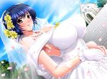  1girl aiba_nanako anata_to_mita_sakura armpits bare_shoulders blue_hair blush breasts bridal_veil bride cloud day dress flower game_cg huge_breasts ishihara_souka jewelry ring sideboob sky smile solo tree veil wedding wedding_dress yellow_eyes 