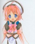  ahoge blue_eyes bow cape caro_ru_lushe chibitan fingerless_gloves gloves hat lyrical_nanoha magical_girl mahou_shoujo_lyrical_nanoha_strikers pink_bow pink_hair solo 