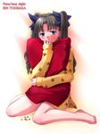  barefoot blush fate/stay_night fate_(series) feet kneeling long_legs pajamas pillow pillow_hug solo toosaka_rin two_side_up yoshida_inuhito 