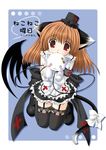  animal_ears apron armband bandages bandaid black_legwear blue_background bow brown_hair cat cat_ears copyright_request cross hat lace lace-trimmed_thighhighs long_hair mary_janes mini_hat mini_top_hat nekoneko nurse red_cross red_eyes safety_pin shoes solo stuffed_animal stuffed_cat stuffed_toy tail tail_bow thighhighs top_hat wings 